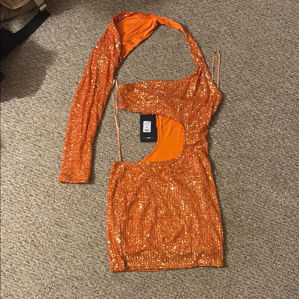 New With Tags Sequin Orange Cut-Out Dress